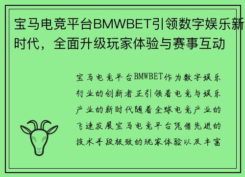 宝马电竞平台BMWBET引领数字娱乐新时代，全面升级玩家体验与赛事互动