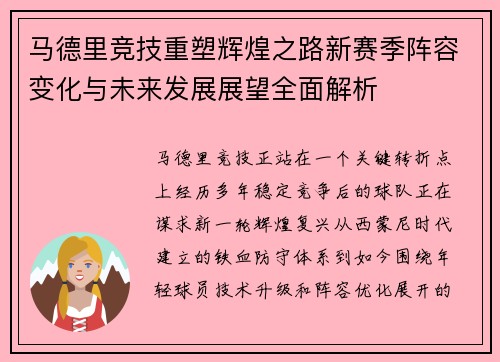 马德里竞技重塑辉煌之路新赛季阵容变化与未来发展展望全面解析